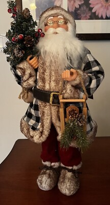 Windy Hill Collection 18  Standing Plaid Santa Christmas Figurine With Tree Sled