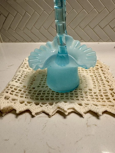 FENTON Aqua Blue Ruffled Basket With Bamboo Shaped Handle 6.5”