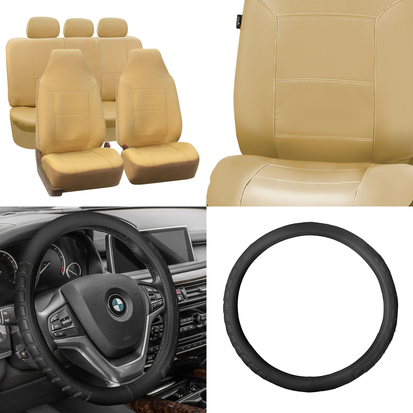Highback Royal PU Leather Beige Seat Covers w/Steering Cover Combo