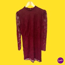 V BY VERY Women's Lace Overlay Puff Sleeve Mini Dress, Zip Up, Burgundy, UK 14