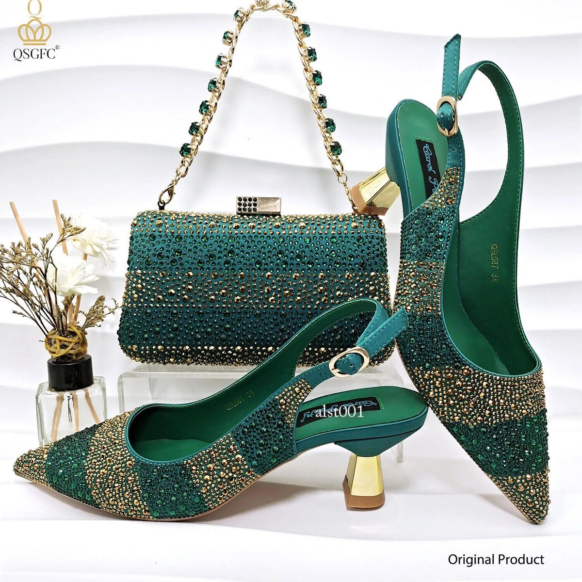 green dress shoes and matching bag Women Heel Party Green Shoes and Bag Set Decorated with Rhinestone Handbag  Party