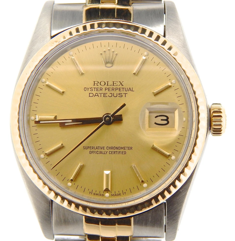 Rolex Datejust Hombres 2 Tonos Oro Amarillo 18K Reloj Acero Inoxidable Champagne Jubilee 16013