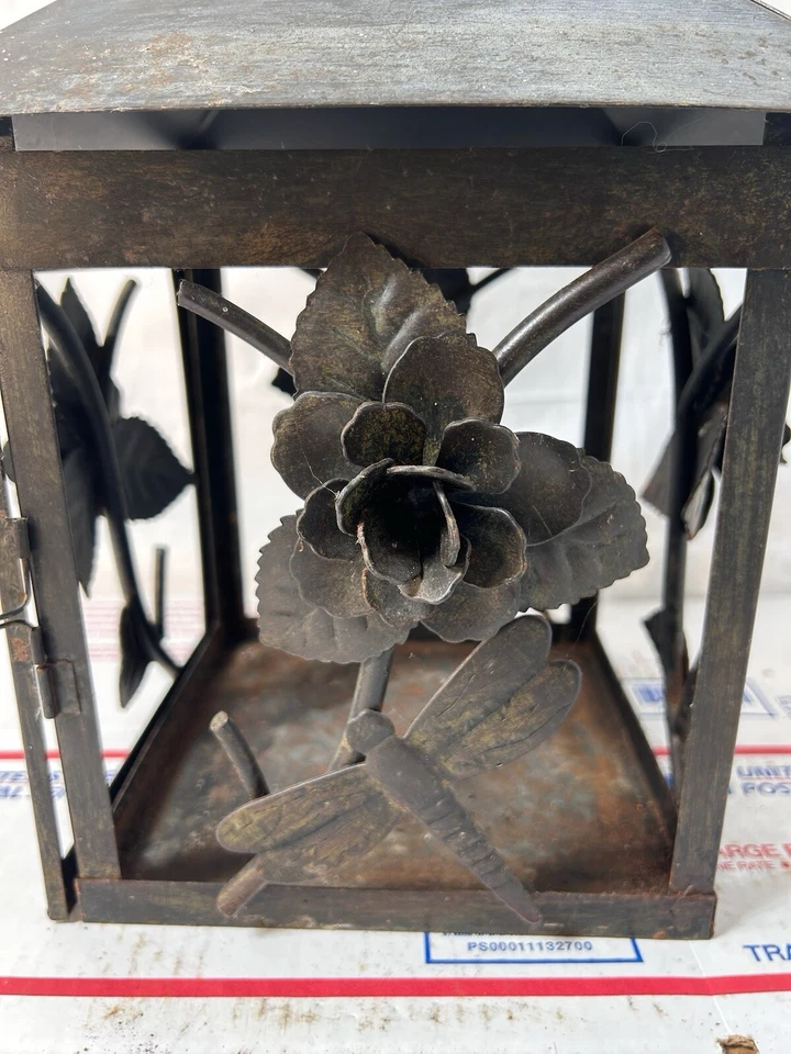 Large Metal 3D Rose Flower Candle Lantern Weathered Rustic Lantern 12x8x7 - Image 4 of 4