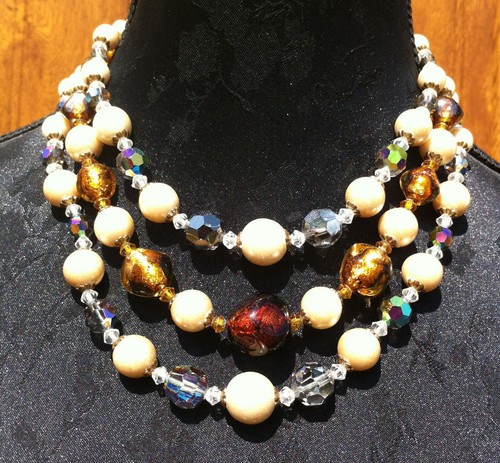 Collier Multi-rangs En Perles Murano Ancien - Bleu Et Métal Doré (occasion)