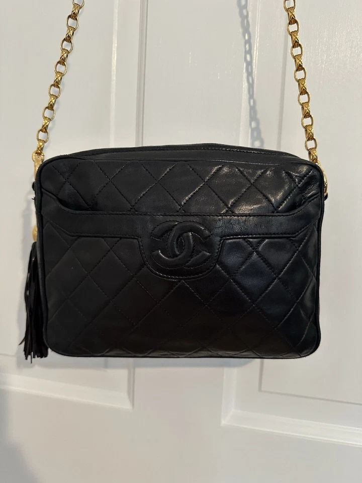 Vintage Chanel Black Quilted Lambskin Large Tassel Camera Bag Gold Hardware 90s - Image 3 of 4