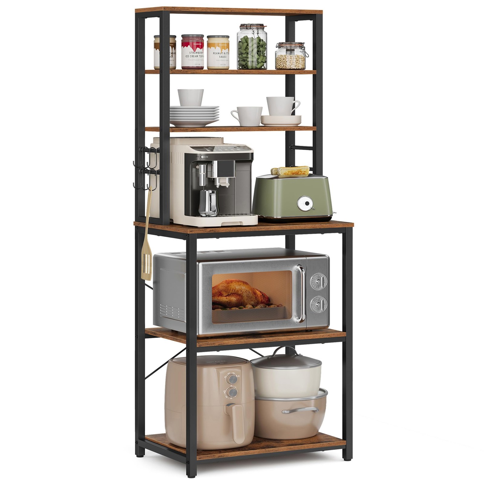 VASAGLE Kitchen Storage Rack Coffee Bar Baker s Rack Total 6 Shelves and 6 Hooks