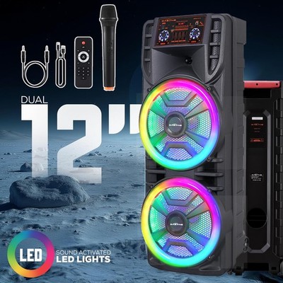 TWS Dual 12'' Party Bluetooth Speaker Portable Subwoofer Karaoke w/ Mic TF Card