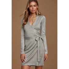NWT Lulus Literary Lover Heather Grey Wrap Sweater Dress Cozy Chic Midi Sz XL