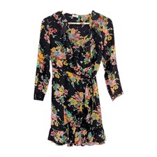 Rixo Sz S UK 8 Pure Silk Gemma Romantic Floral Patterned Wrap Short Dress Black 