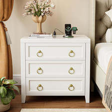 Stylish 23.6" White Nightstand with USB-C Charger & 3 Drawers