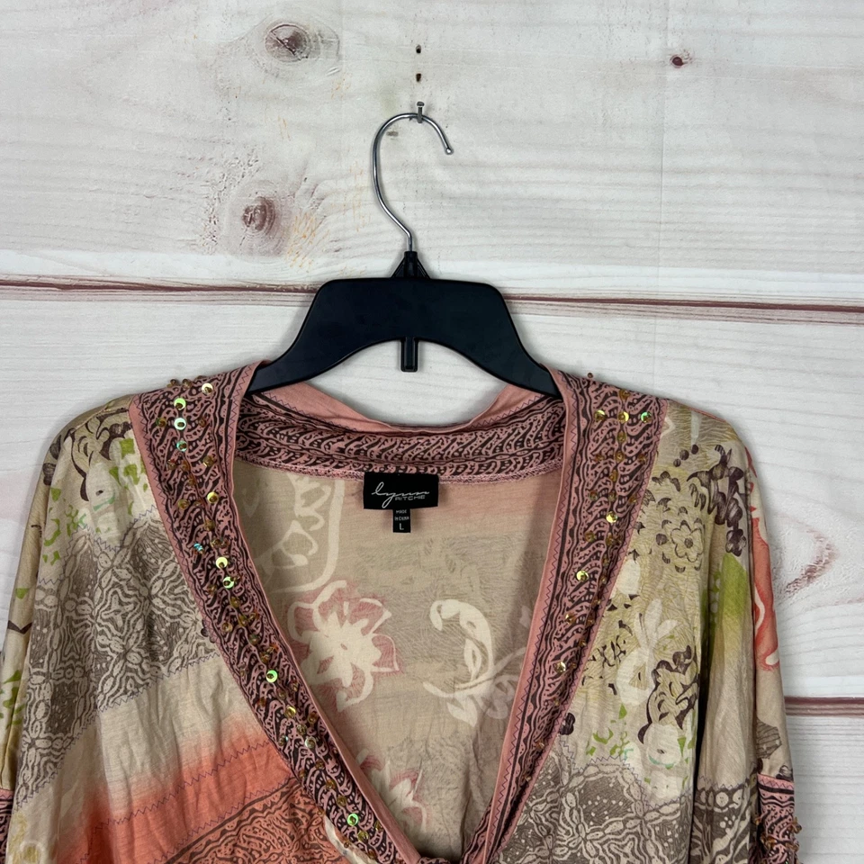 Blusa Lynn Ritchie Feminina L Biege Rosa Kimono Manga Encolher Contas Seda Fiada - Imagem 2 de 4