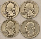 Lot of (4) Washington Silver Quarters - 1942, 1952, 1954-D, 1956 90% Silver...