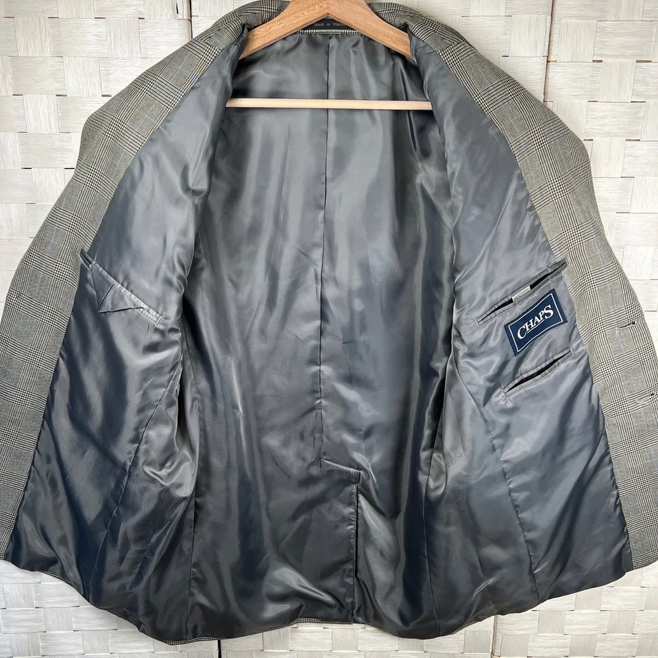 Chaps Mens Classic Black White Plaid Blazer Sport Coat Size 40R Blue Check - Image 3 of 4