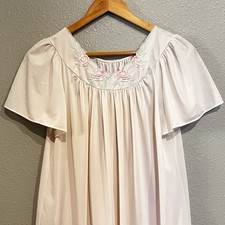 VTG Shadowline Nylon Nightgown SM Pink Flutter Sleeves Embroidered Roses Girly