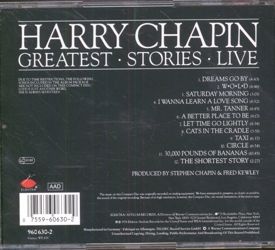 Harry Chapin Greatest • Stories • Live CD Europe Elektra CD. RSA pressing. Has - Bild 2 von 2