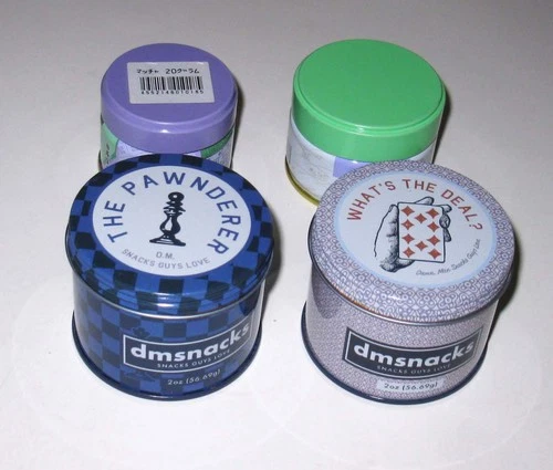 Lot of 4 Snack Tins DM Snacks Pawnderer Whats the Deal + 2 Japan Matcha Tea Tins