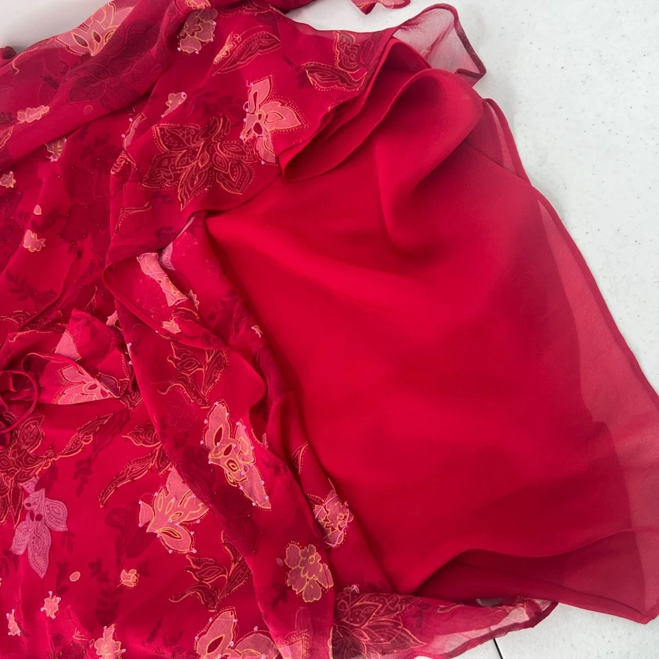 Blusa DE COLECCIÓN ICE 2X Roja Floral Seda Transparente Volantes Cuello en V Manga Campana Gasa Top Foto 3 de 4