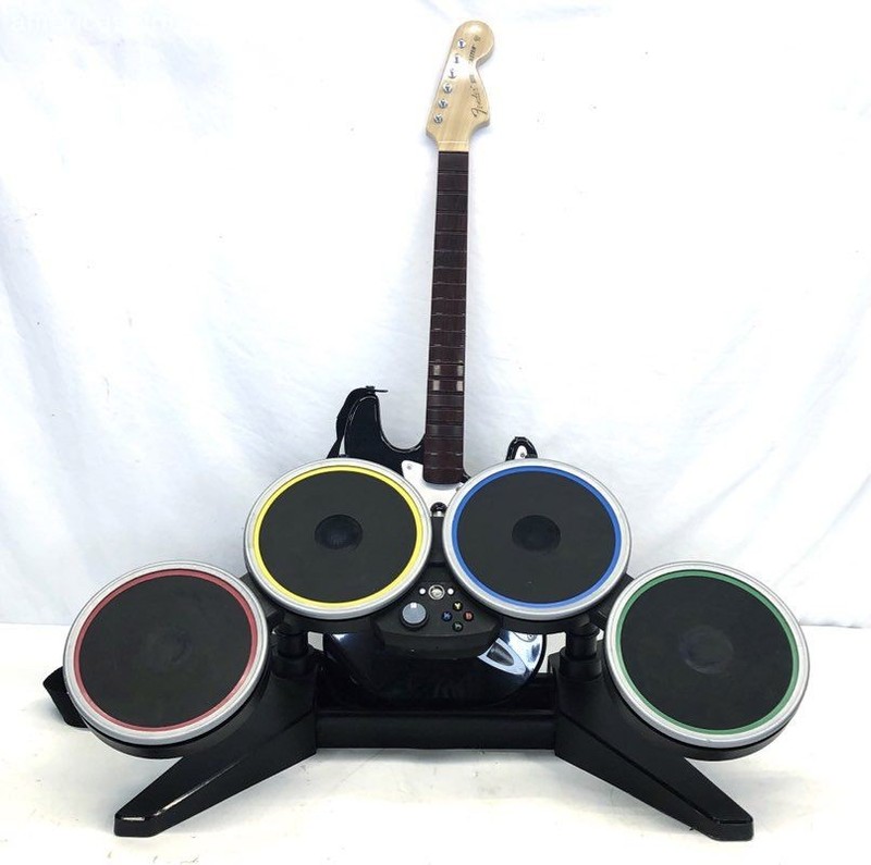 Xbox 360 Rock Band Fender Stratocaster Guitar and Drum Kit Controller Lot