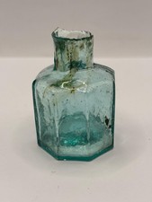 Old aqua glass inkwell with swirls, penny ink, ink bottle