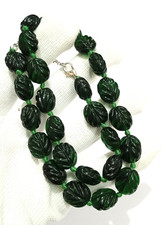 Green Emerald Necklace, Oval Carved Beads, Hand Knotted, Statement Necklace