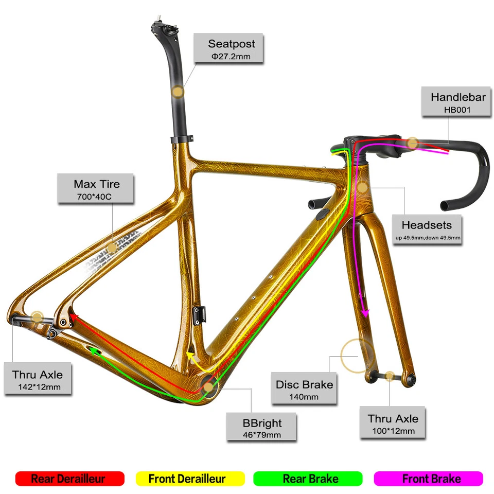 Gravel T1100 Carbon Frame Road Bike Frameset Crystal 700*40C Disc Brake - Bild 3 von 4