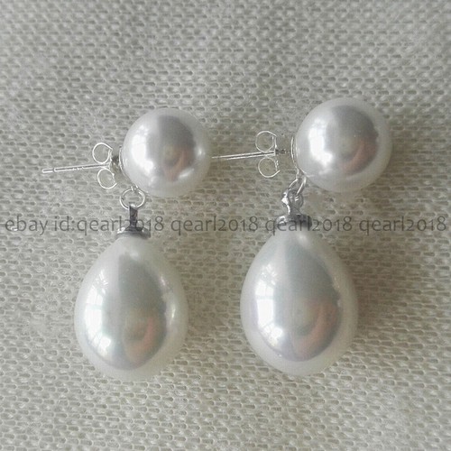 White South Sea Shell Pearl Round Drop Double Pearl Dangle Silver Stud Earrings - Picture 4 of 6