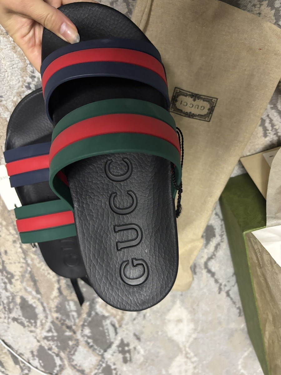 Gucci 692381 Agrado Rubber Double Strap Stripe Slides  display picture 3