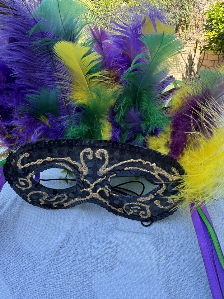 Mardi Gras MasqueradeMask-Handmade Feathers Glitter & 30” Ribbons Party Costume - Image 2 of 4