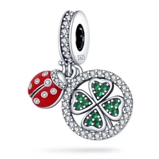 KUNSIR 925 Sterling Silver Bracelet Charms Ladybug Clover Lucky Charm Beads DIY