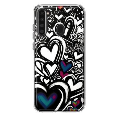 For Samsung Galaxy A21 Shockproof Case Black White Hearts Graffiti