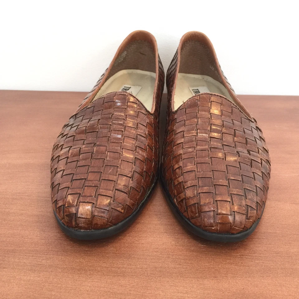 Trotters Distressed Brown Woven Leather Flats Cushioned Flex Sole Womens 9S Slim - Image 3 of 4