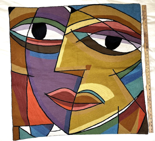 "Retrato abstracto de lana neutra de punto de cadena colgante de pared tapiz 36,5x36,5""" - Imagen 1 de 5