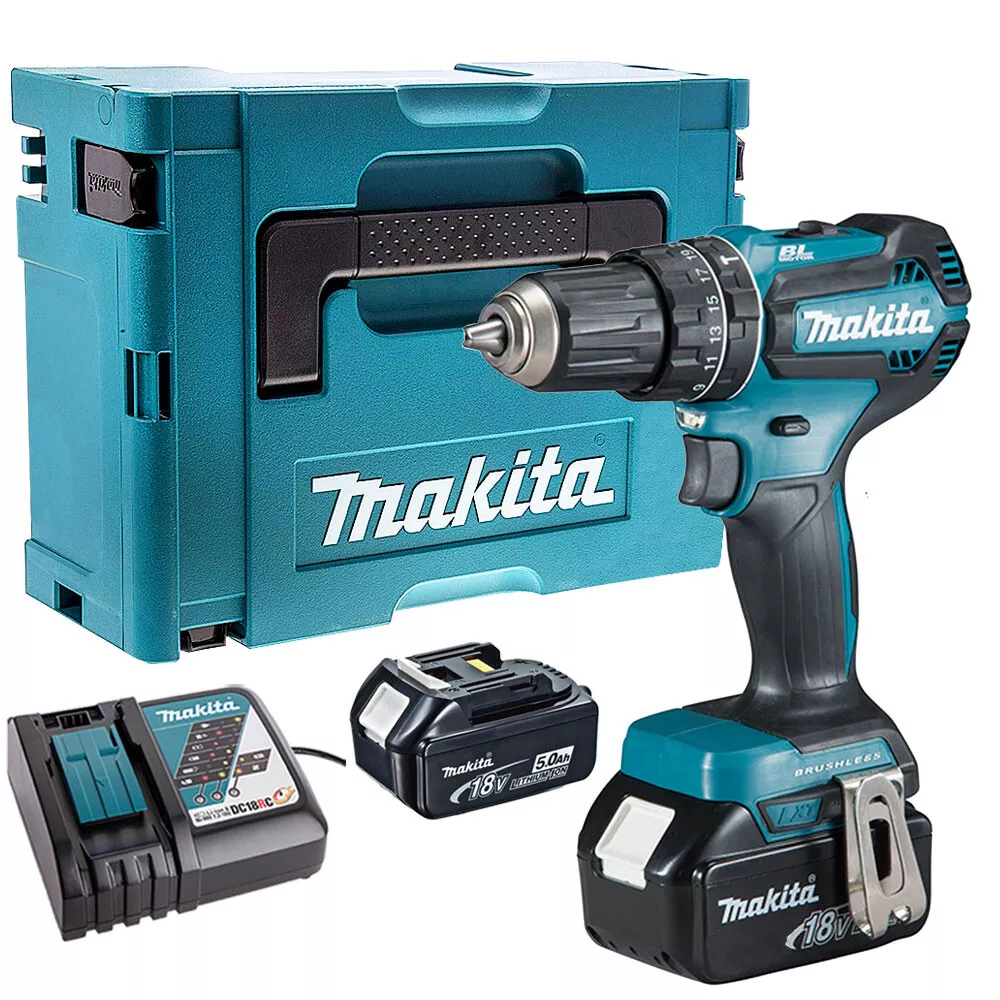 Makita DHP485Z 18V Brushless Combi Drill with 2 x 5.0Ah Battery Charger in Case
