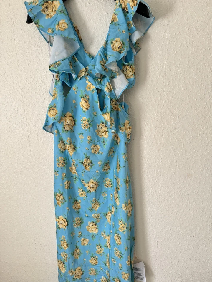 Vestido Midaxi Pequeño Satén con Mangas Multi Flutter en Estampado Floral Azul. Reino Unido 12 Foto 4 de 4