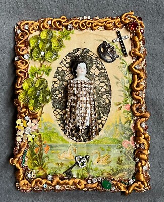 #301 Frozen Charlotte Assemblage DECOR Collage 6'' x 4 1/2''