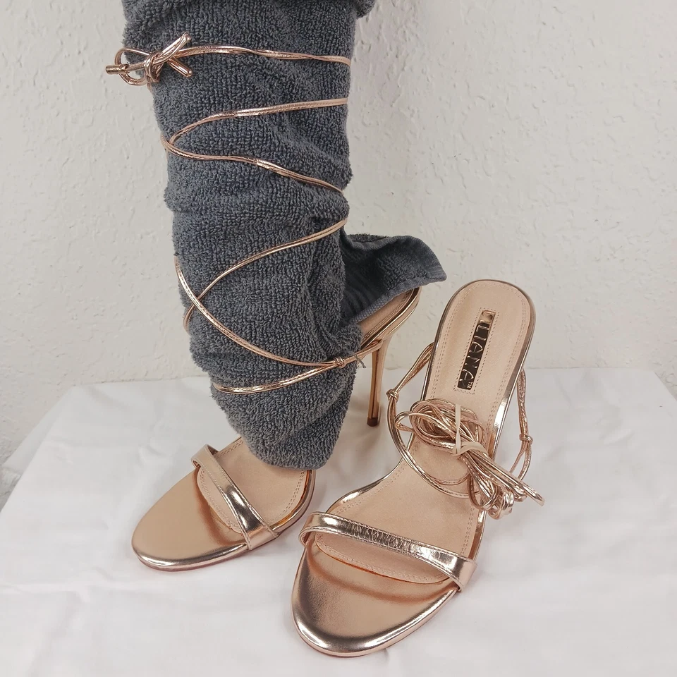 NEW Dressy Gold Sandals 10 M Metallic Tie Up Leg High Heels LILIANA Party - Image 2 of 4