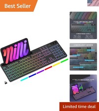 7-Color RGB Backlit Wireless Keyboard with Phone Holder, Rechargeable Black
