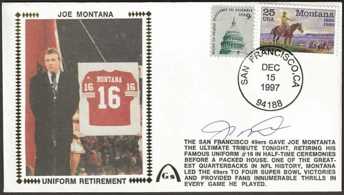 Joe Montana Signed San Francisco 49'ers Uniform Retirement Gateway Stamp Cachet