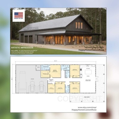 Brentwood Barn Barndominium House Plan - 100x36, 2310 SF, 4 Bed 3 Bath with 3-Ca