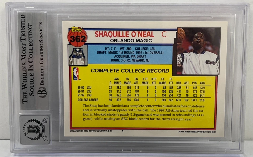Shaquille O'Neal 1992 assinado Topps #362 cartão de novato BAS lajeado autografado grau 10 - Imagem 2 de 2