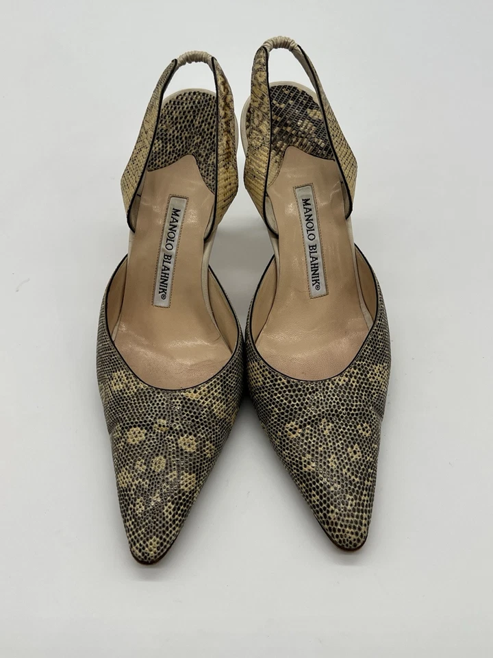 Manolo Blahnik Carolyne Mujer 37 EE. UU. 6,5 Cordones Marfil Lagarto Punta Tacones Foto 3 de 4