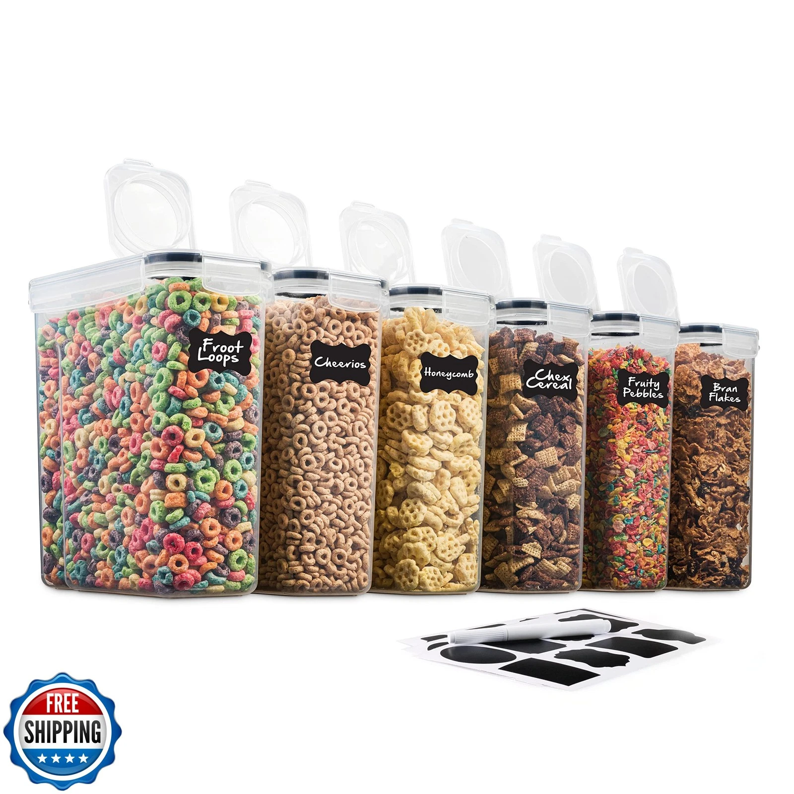 6 Pack Airtight Cereal Food Storage Container - BPA Free Plastic Kitchen and Pantry Organization Canisters for, Dry Pet Food, Flour, Sugar, Rice, Nuts, Snacks & More (135.5 Oz) Labels & Chalk Marker - Thumbnail 5