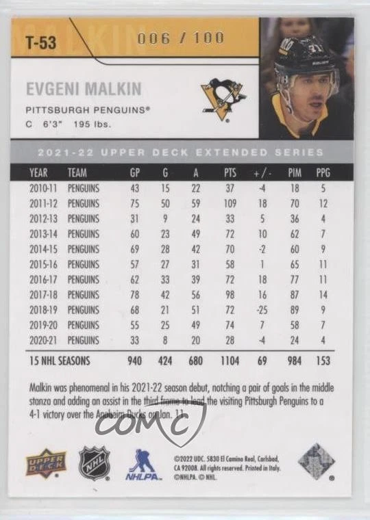 2021 UD Extended Series 2006-07 Upper Deck Retro High Gloss 6/100 Evgeni Malkin - Image 2 of 3