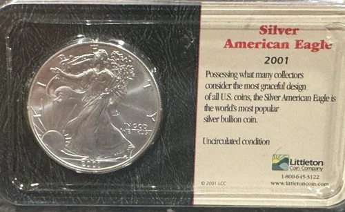2001 American Silver Eagle 1 oz . Uncirculated Littleton Pack, Original, Toning