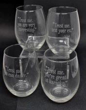 NEW Susquehanna Glass 'Trust Me' Assorted Set of 4 Stemless Wine Glasses 21oz