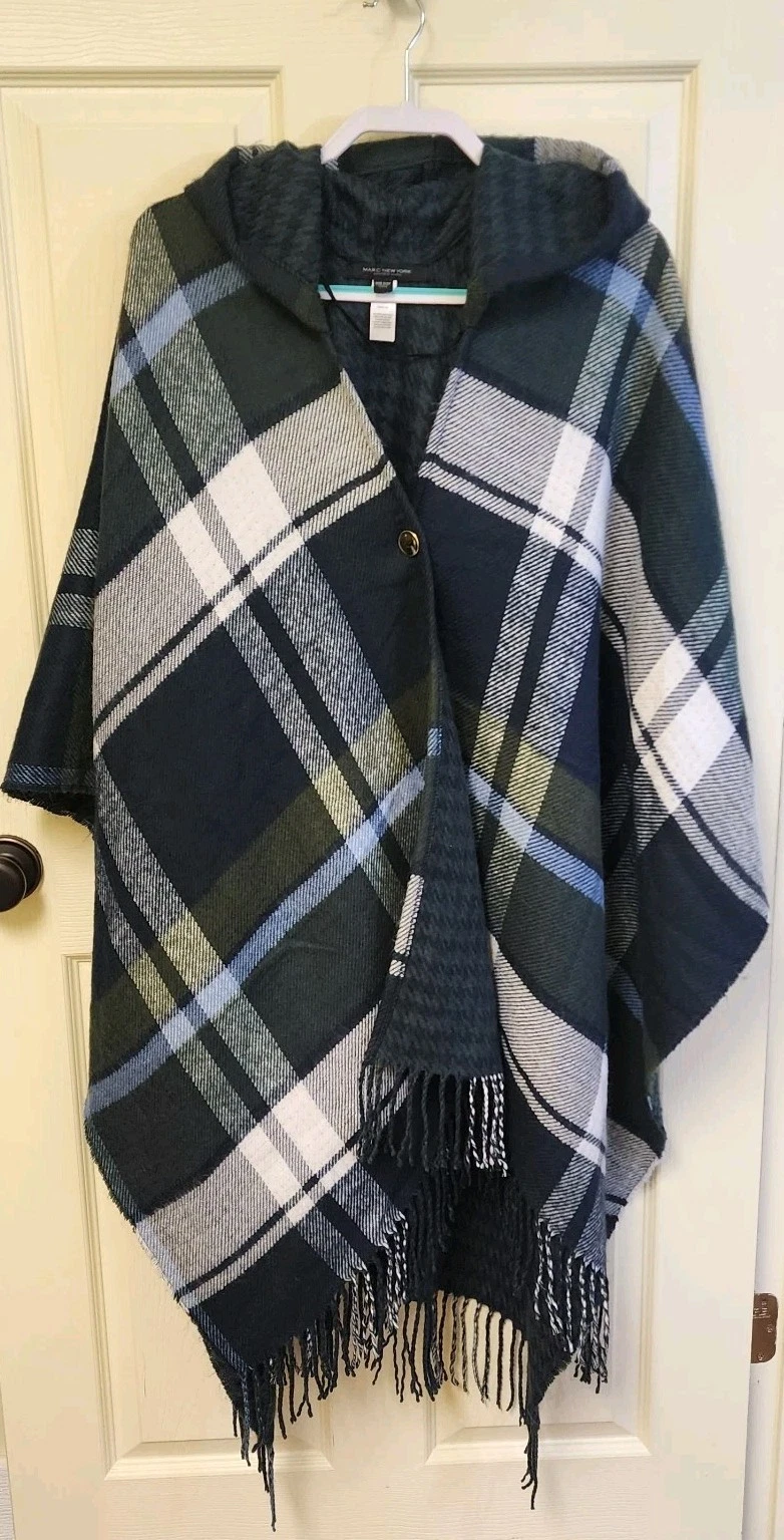 Marc New York Andrew Marc Green Plaid Poncho Shaw/Hood One Size Fits All