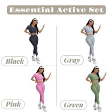 Women  s 2PC Washed Activewear Set Crop Top  High Waist Leggings Short Sleeve