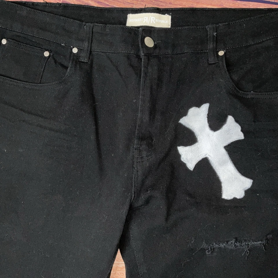 Refinery Republic Denim Design Jeans Men 40X32 Black Distressed Paint Splatter - Image 3 of 4