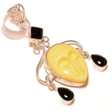 Carved Moon Face  Black Onyx Gemstone 925 Silver Handmade Crescent Bali Pendant