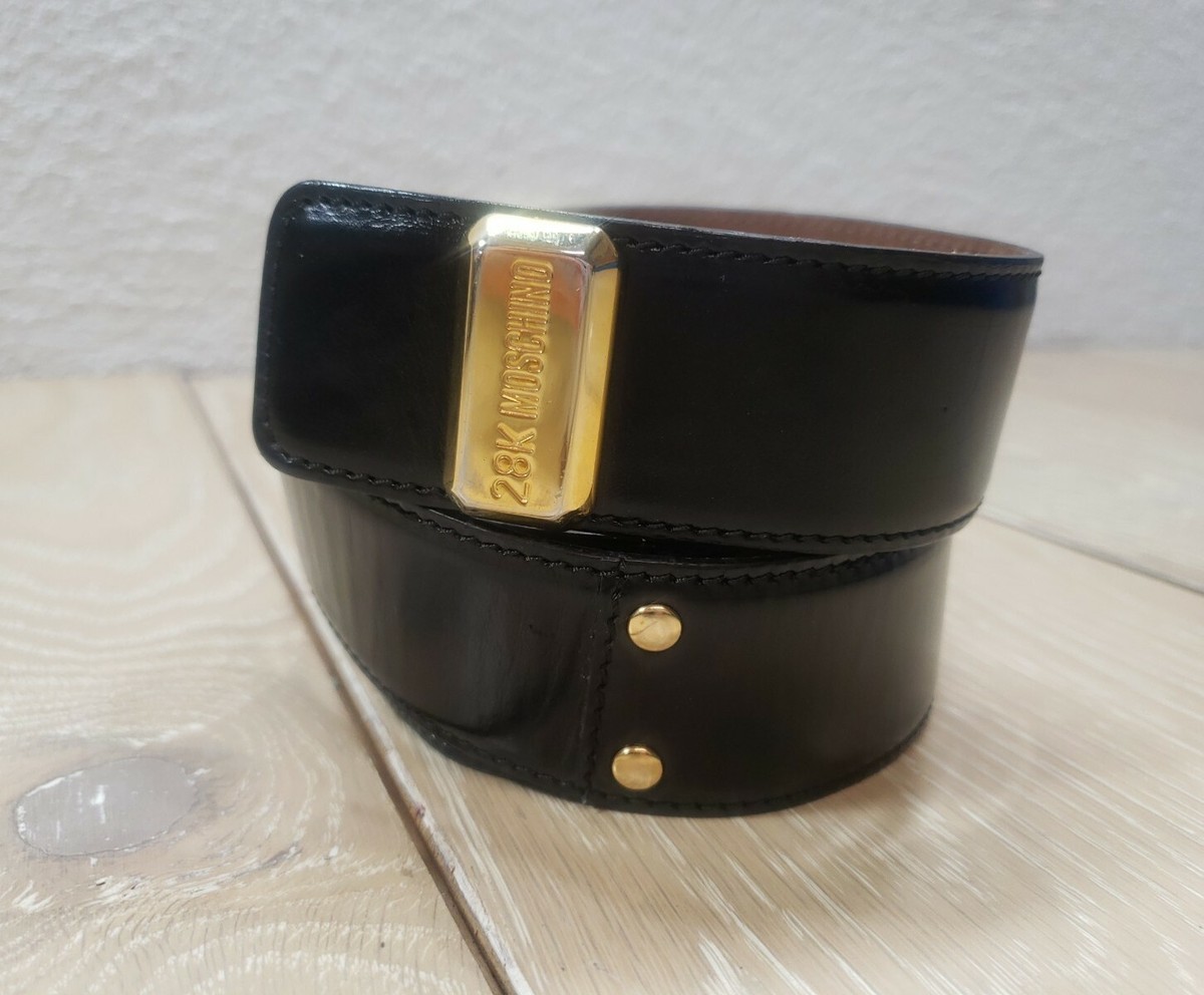 Vintage Moschino 28K Gold Redwall Italy Black Leather Belt  display picture 2